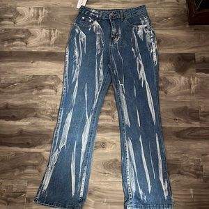 Cider Womens Jeans: Blue with White Bleach High Waist Flare Split Bottom